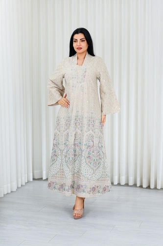 جلابية قماش بطول يصل للكاحل بياقة V وتطريز طاووس م...