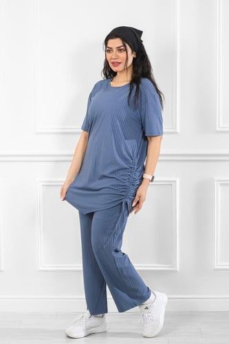 ترنج نسائي كاجوال ريب سادة تيشرت طويل مزموم على ال...