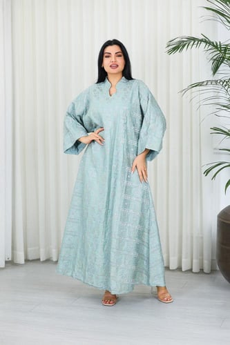 جلابية قماش بطول يصل للكاحل بأكمام واسعة مطوية متو...