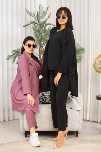طقم نسائي كاجوال سادة 3 قطع جاكيت طويل مزود بجيب