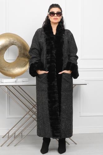 فروة شتوية طويلة بلمعة مبطنة بالفرو من الداخل بجيب...