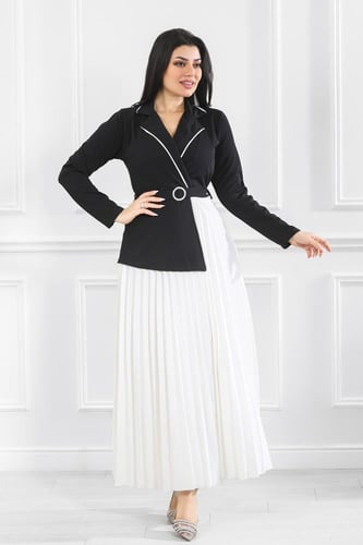 فستان كاجوال فلو لونين بكسرات بأكمام طويلة وحزام ع...