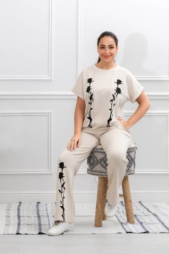 ترنج نسائي كاجوال طبي بنطال مع تيشيرت قطن بطبعة زه...