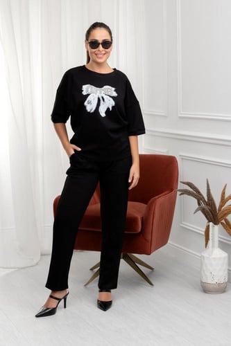 ترنج نسائي كاجوال طبي بنطال مع تيشيرت بياقة ومطبوع...