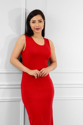 فستان ميدي قطن بطول يصل للركبة حفر عريض