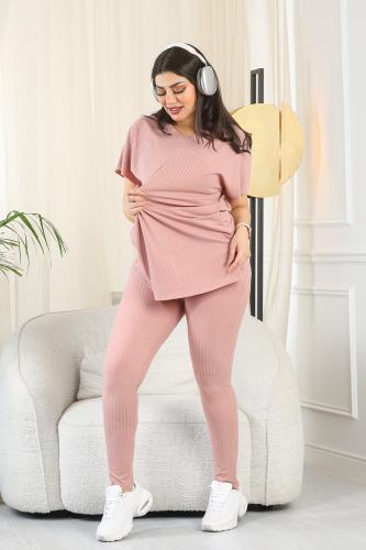 ترنج نسائي كاجوال ريب سادة تيشرت طويل وياقة V وبنط...