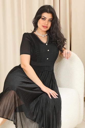 فستان كلاسيكي مكسر شيفون نصف كم بأزرار