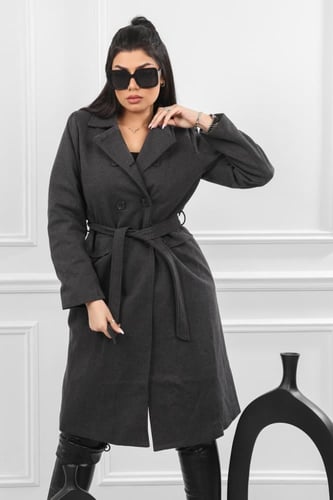 جاكيت شتوي كلاسيكي طويل يصل لأسفل الركبة بياقة وحز...