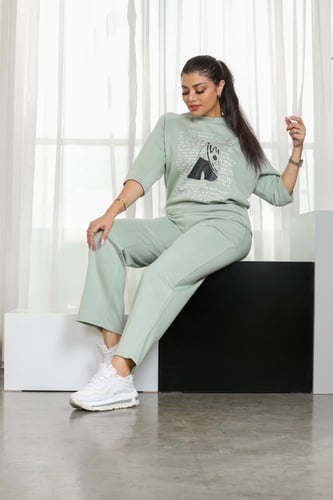 ترنج نسائي كاجوال طبي بنطال مع تيشيرت موحد اللون ب...