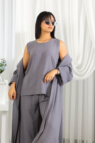 طقم نسائي كاجوال سادة 3 قطع جاكيت طويل