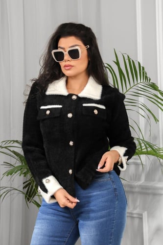 معطف شتوي فرو قصير بياقة مطوية وجيوب محددة بأزرار...