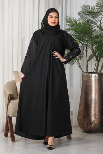 عباية قماش كريب الفاخر مزودة بتطريز في الكم موف وا...