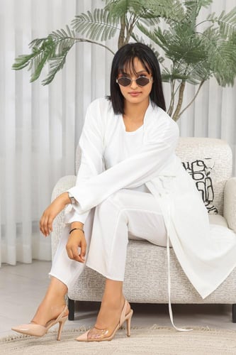 طقم نسائي كاجوال سادة 3 قطع جاكيت طويل مزود بحزام