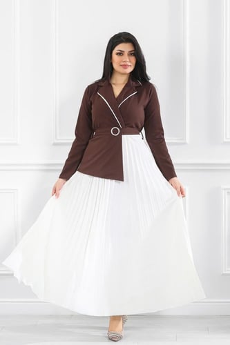 فستان كاجوال فلو لونين بكسرات بأكمام طويلة وحزام ع...