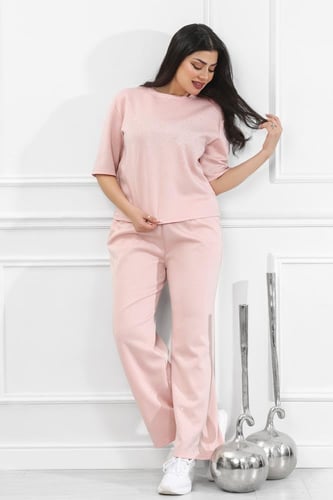 ترنج نسائي كاجوال طبي تيشرت قصير مزين بالترتر اللا...