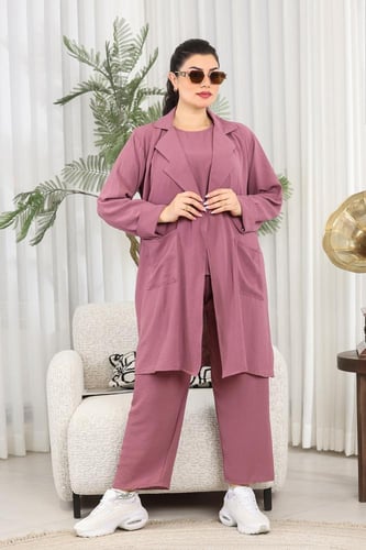 طقم نسائي كاجوال سادة 3 قطع جاكيت طويل مزود بجيب