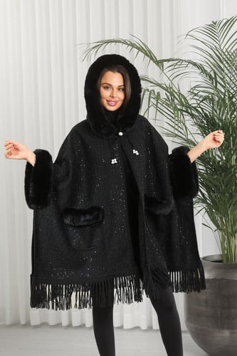 شال شتوي فرو بجيب و شرّاشيب مع قبعة