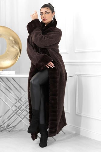 فروة شتوية طويلة سادة مزودة بفرو على الياقة و الأك...