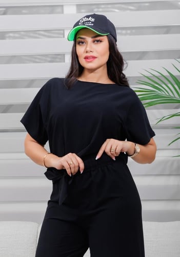 طقم نسائي كاجوال سادة توب نص كم مزين بربطة أمامية...