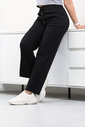 بنطال كاجوال نسائي بأرجل واسعة وخصر مرتفع مزين بخط