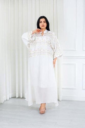 جلابية قماش بطول يصل للكاحل بياقة صغيرة وتطريز أني...