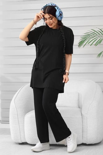 ترنج نسائي كاجوال ريب سادة تيشرت طويل بياقة دائرية...