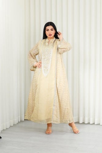 جلابية قماش بطول يصل للكاحل بطبقتين داخلية ملساء و...