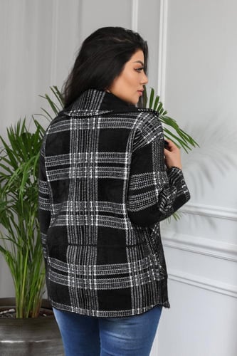 جاكيت شتوي كلاسيكي قصير كاروهات بمظهر صوف