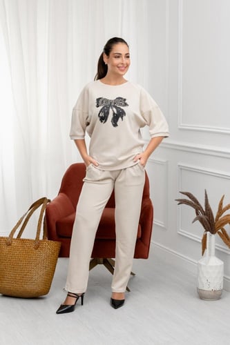 ترنج نسائي كاجوال طبي بنطال مع تيشيرت بياقة ومطبوع...