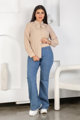 قميص نسائي طويل الأكمام مع ربطة عنق