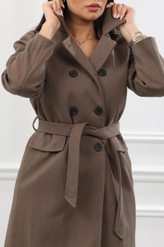 جاكيت شتوي كلاسيكي طويل يصل لأسفل الركبة بياقة وحز...