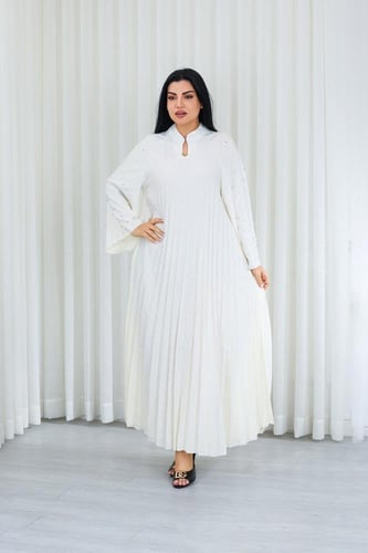 جلابية قماش بطول يصل للكاحل بياقة قصيرة بنهايات أك...