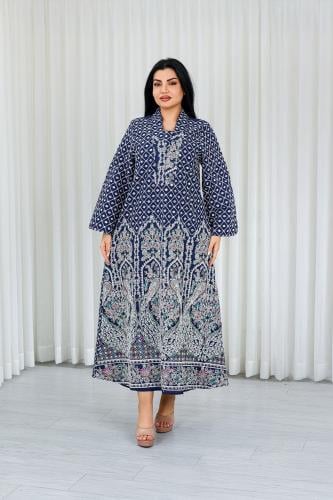 جلابية قماش بطول يصل للكاحل بياقة V وتطريز طاووس م...