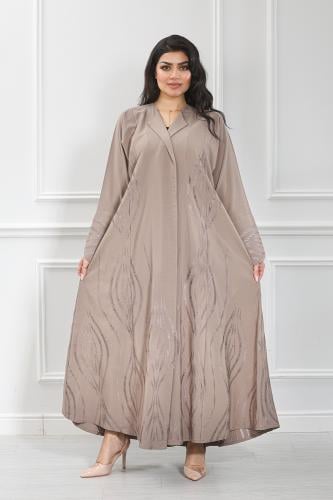 عباية قماش كريب لون بيج بتطريز كامل نص كلوش