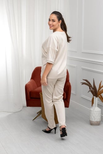 ترنج نسائي كاجوال طبي بنطال مع تيشيرت بياقة ومطبوع...