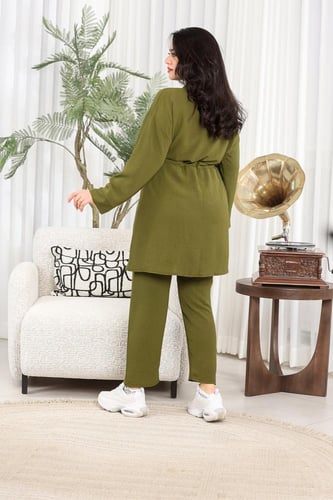 طقم نسائي كاجوال سادة 3 قطع جاكيت طويل مزود بحزام