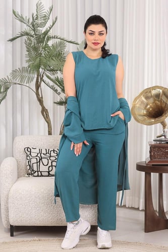 طقم نسائي كاجوال سادة 3 قطع جاكيت طويل مزود بحزام