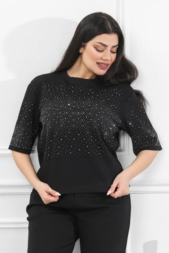 ترنج نسائي كاجوال طبي تيشرت قصير مزين بالترتر اللا...