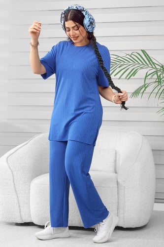 ترنج نسائي كاجوال ريب سادة تيشرت طويل بياقة دائرية...