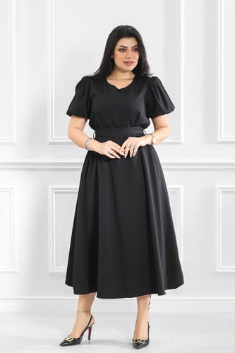 فستان كاجوال بأكمام منفوخة وطول يصل لمنتصف الساق