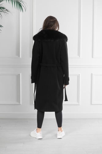 معطف شتوي فرو طويل يصل لمنتصف الساق مزدوج الصدر مز...