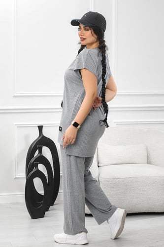 ترنج نسائي كاجوال ريب سادة تيشرت طويل ربع كم وبنطا...