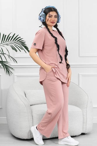 ترنج نسائي كاجوال ريب سادة تيشرت قصير من الأمام وظ...