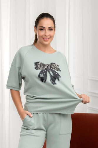 ترنج نسائي كاجوال طبي بنطال مع تيشيرت بياقة ومطبوع...