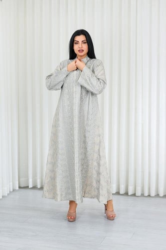 جلابية قماش بطول يصل للكاحل بياقة صغيرة وتطريز أني...