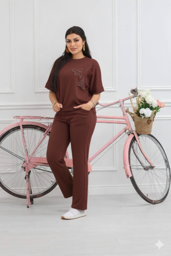 ترنج نسائي كاجوال طبي صيفي بنطال مع تيشرت بياقة دا...