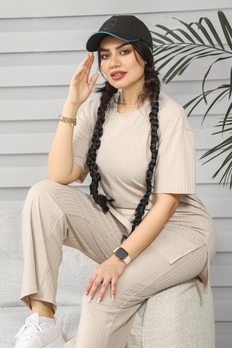 ترنج نسائي كاجوال ريب سادة تيشرت طويل بياقة دائرية...