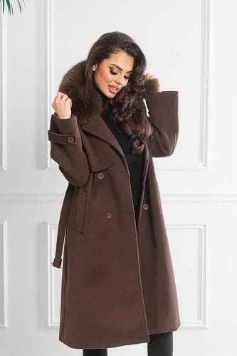 معطف شتوي فرو طويل يصل لمنتصف الساق مزدوج الصدر مز...