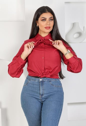 قميص نسائي طويل الأكمام مع ربطة عنق