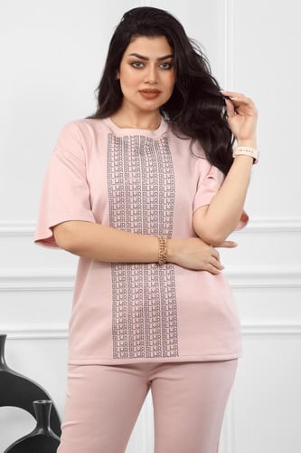 ترنج نسائي كاجوال تيشرت بأكمام متوسطة الطول مزين ب...